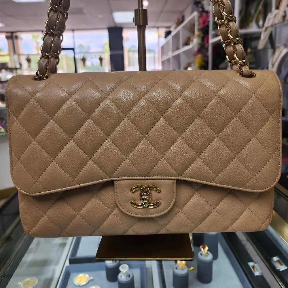 NWTS!AUTHENTIC Chanel Double Flap Beige Caviar Quilted Gold Purse/Shoulder Bag